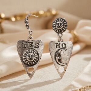 Silver Tone Sun Moon Yes No Planchette Ouija Earrings